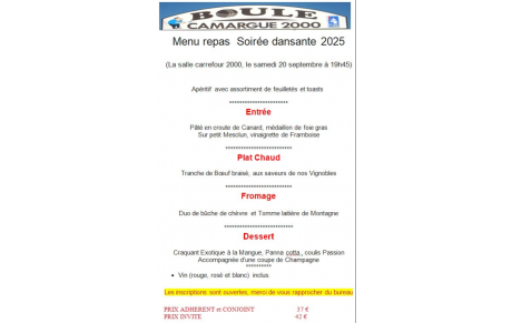 le menu du repas de la soirée dansante